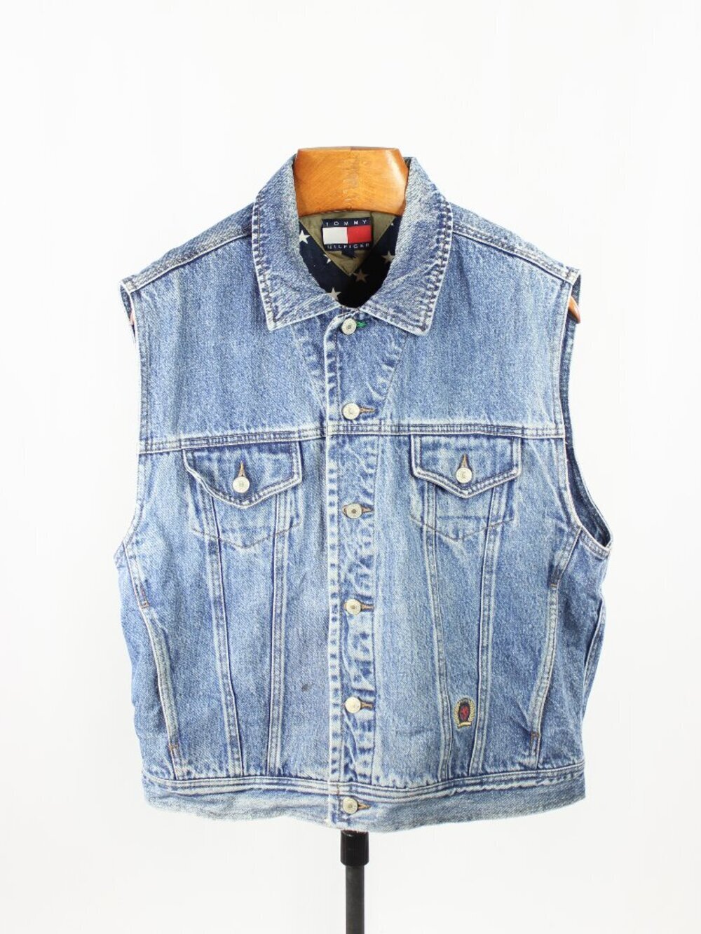 Vintage TOMMY HILFIGER 100% Cotton Star Print Lined Denim Vest, Size XL